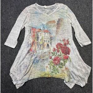 Cactus Shirt Womens Medium White‎ Floral Venice Italy Print 3/4 Sleeve Made USA